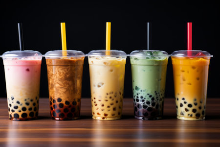 Bubble tea in various settings, variety of tapioca tea milkshake.の素材