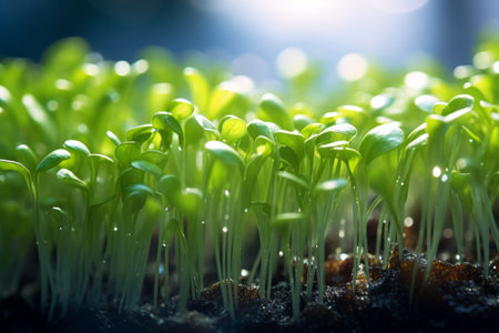 Close-up shots of microgreen sprouts in the early morning light, with dew droplets on the leaves.の素材