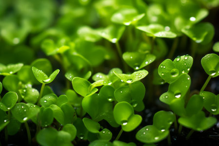 Close-up shots of microgreen sprouts in the early morning light, with dew droplets on the leaves.の素材