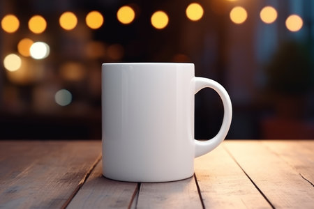 A mock-up blank white template for coffee mugs in modern cozy interior.の素材
