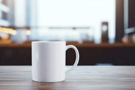 A mock-up blank white template for coffee mugs on wooden table.の素材
