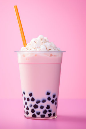 Asian boba tapioca pink bubble tea with cream topping on pink background.の素材