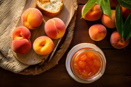 Top view peach marmalade and peaches with fresh bread on morning wooden table.の素材