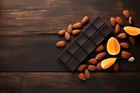 Top view sliced dark chocolate with almond and citrus on wooden background, copy space.の素材