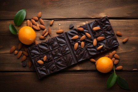 Top view sliced dark chocolate with almond and citrus on wooden background, copy space.の素材