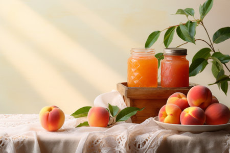 Still life of preserved homemade peach jam with fresh peaches on table in the morning light.の素材