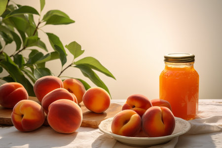 Still life of preserved homemade peach jam with fresh peaches on table in the morning light.の素材