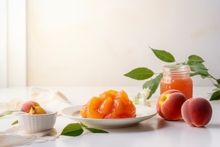 Still life of preserved homemade peach jam with fresh peaches on table in the morning light.の素材