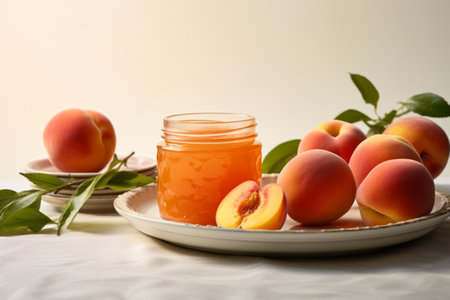 Still life of preserved homemade peach jam with fresh peaches on table in the morning light.の素材