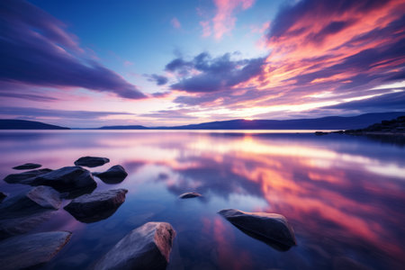 Peaceful and serene moments of sunrise on a rocky sea shore, soft pastel colors of nature.の素材
