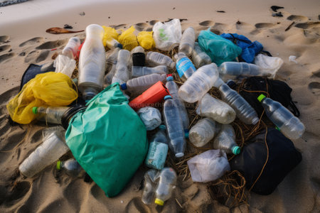 Beach cleanup, picking plastic garbage, ocean-friendly living concept.の素材