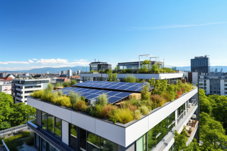 Modern urban living with eco-friendly apartment building with rooftop gardens and solar panels.の素材