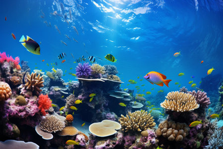 Colorful coral reefs, exotic sea life and merfolk in an undersea world.の素材