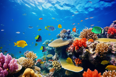 Colorful coral reefs, exotic sea life and merfolk in an undersea world.の素材