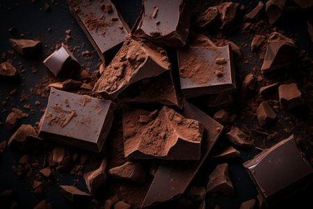 Chocolate pieces on black background, top view.の素材