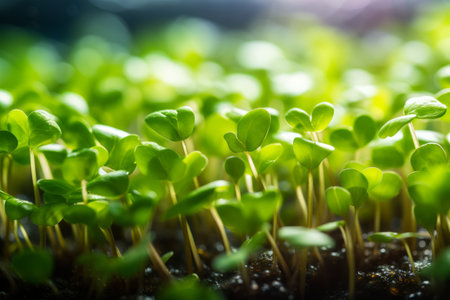 Close-up shots of microgreen sprouts in the early morning light, with dew droplets on the leaves.の素材
