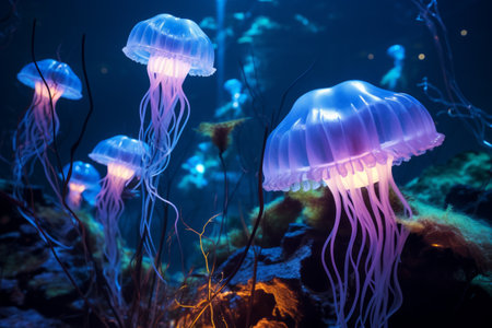 Poisonous fluorescent jellyfish during a night dive.の素材