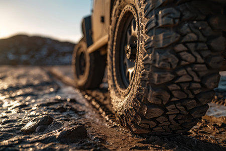 Wheel protector close up, off-road vehicle car in mud, durability and rugged design of a wheel protector.の素材