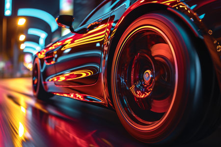 Wheel protector close up, sports car tire, focusing on aerodynamics and visual appeal.の素材