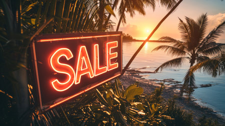 Sale poster for a summer clearance, featuring beach-themed graphics and discounts on seasonal products.の素材