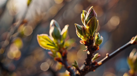Rebirth of nature during the equinox, buds opening, blurred background.の素材
