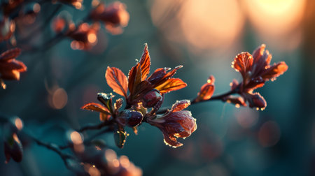 Rebirth of nature during the equinox, buds opening, blurred background.の素材