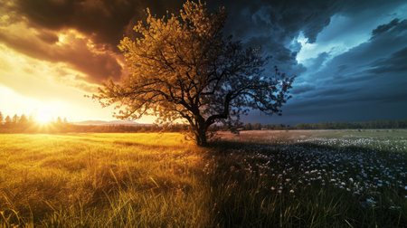 Equal length of day and night during the equinox, symbolizing day and night equinox time change concept.の素材