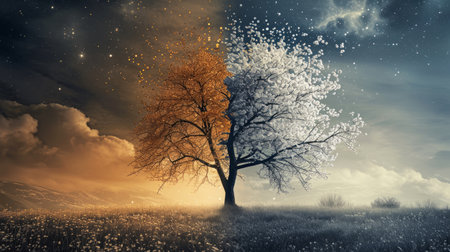 Equal length of day and night during the equinox, symbolizing day and night equinox time change concept.の素材