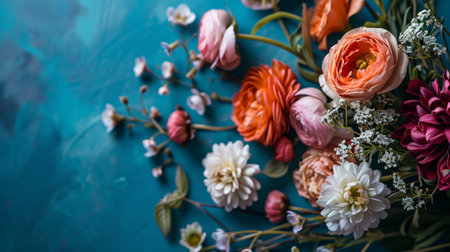 Floral-themed Mother's Day postcard, flowers background close up with copy space..の素材