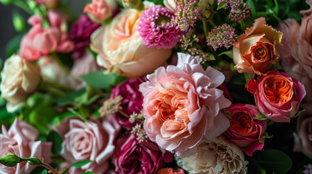Floral-themed holiday postcard, flowers background close up.の素材