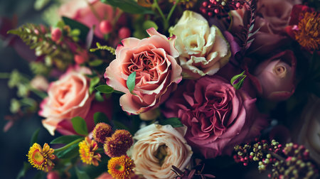 Floral-themed holiday postcard, flowers background close up.の素材