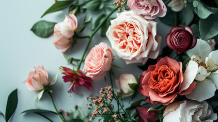 Floral-themed Mother's Day postcard, flowers background close up with copy space..の素材