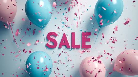 Minimalistic poster, voluminous Text SALE on plain background surrounded by pink and blue baloons and confetti.の素材