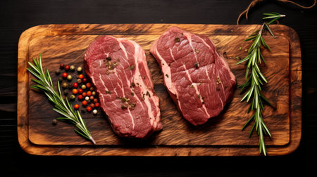 Top view flat lay two slices of beef on a wooden board.の素材