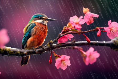 Macro shot of colorful tropical bird sitting on a pink blooming tree brunch on a rainy weather.の素材