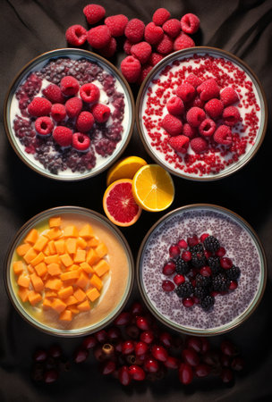 Bowls of fruit yogurt with granola, citrus and berriesの素材