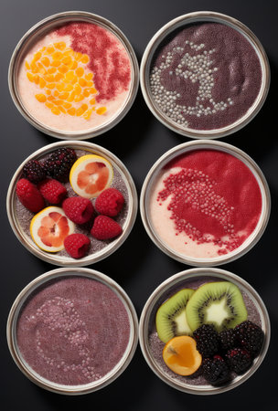 Bowls of fruit yogurt with granola, citrus and berriesの素材
