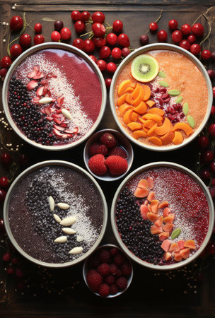 Bowls of fruit yogurt with granola, citrus and berriesの素材