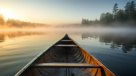 Bow of a canoe in the morning on a calm and foggy lake. Nature and travel concept.の素材