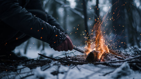 Male hands starts fire with magnesium fire steel, fire striker. Survival in winter forest.の素材