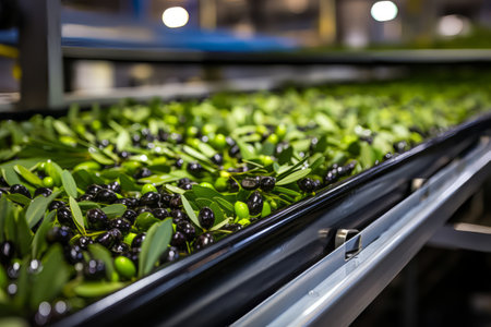 Black olives on a conveyor belt in a food factory.の素材