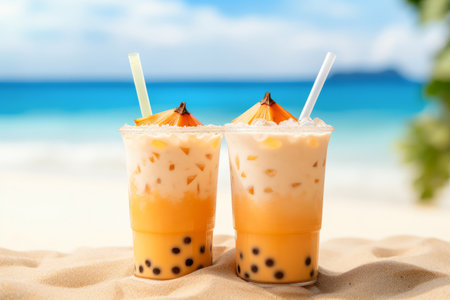 Fresh fruit bubble tea with tapioca pearls on sand of paradise beachの素材