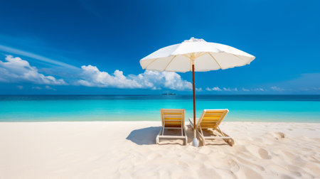 Beautiful Maldives beach. Chairs and sun umbrella on the sandy beach near the sea.の素材