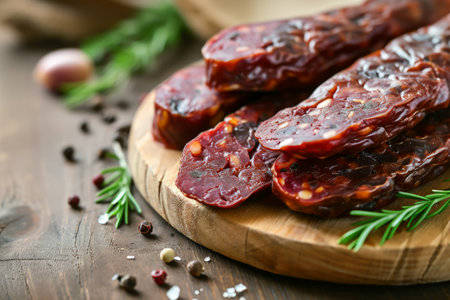 Close up air dried artisanal beef sausage on white table with wooden desk.の素材