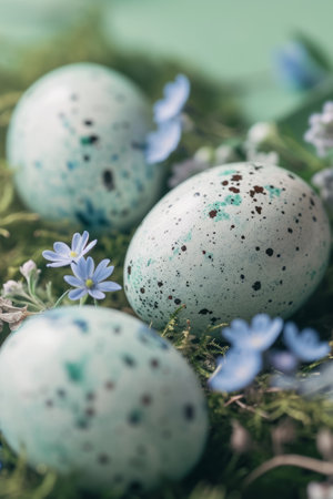 Pastel color monotone Easter eggs with spring flowers on green loan close up.の素材