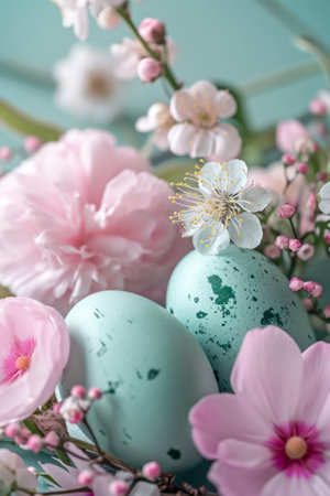 Pastel color monotone Easter eggs with spring flowers on green loan close up.の素材