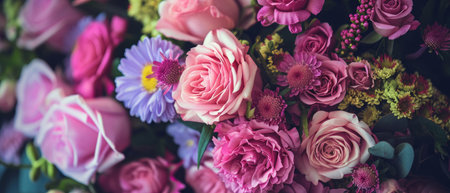 Rich and colorful beautiful bouquet of flowers close up poster background.の素材