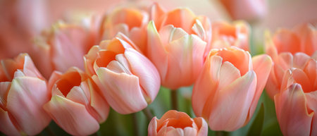 Close up beautiful bouquet of peach fuzz color tulips close up banner background.の素材
