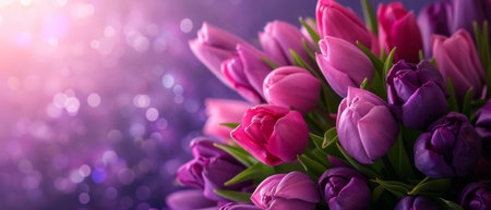 Beautiful bouquet of lilac tulips close up banner background for women's holidays.の素材