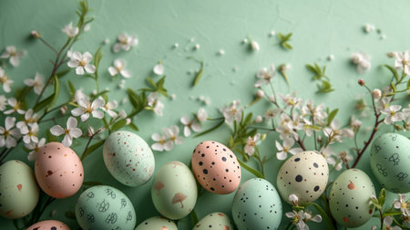 Top view pastel color Easter eggs with spring flowers on green loan close up.の素材